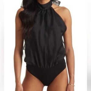Vici Collection Black Organza Halter Pussycat Bow Tie Neck Bodysuit NWT Small
